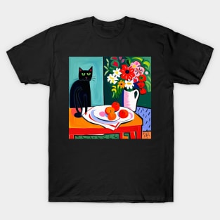 Black Cat with Still Life Flowers in a White Vase Still Life Painting T-Shirt